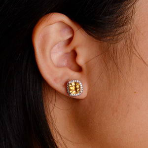 7 mm. Cushion Cut Yellow Brazilian Citrine with Cz Halo Earrings