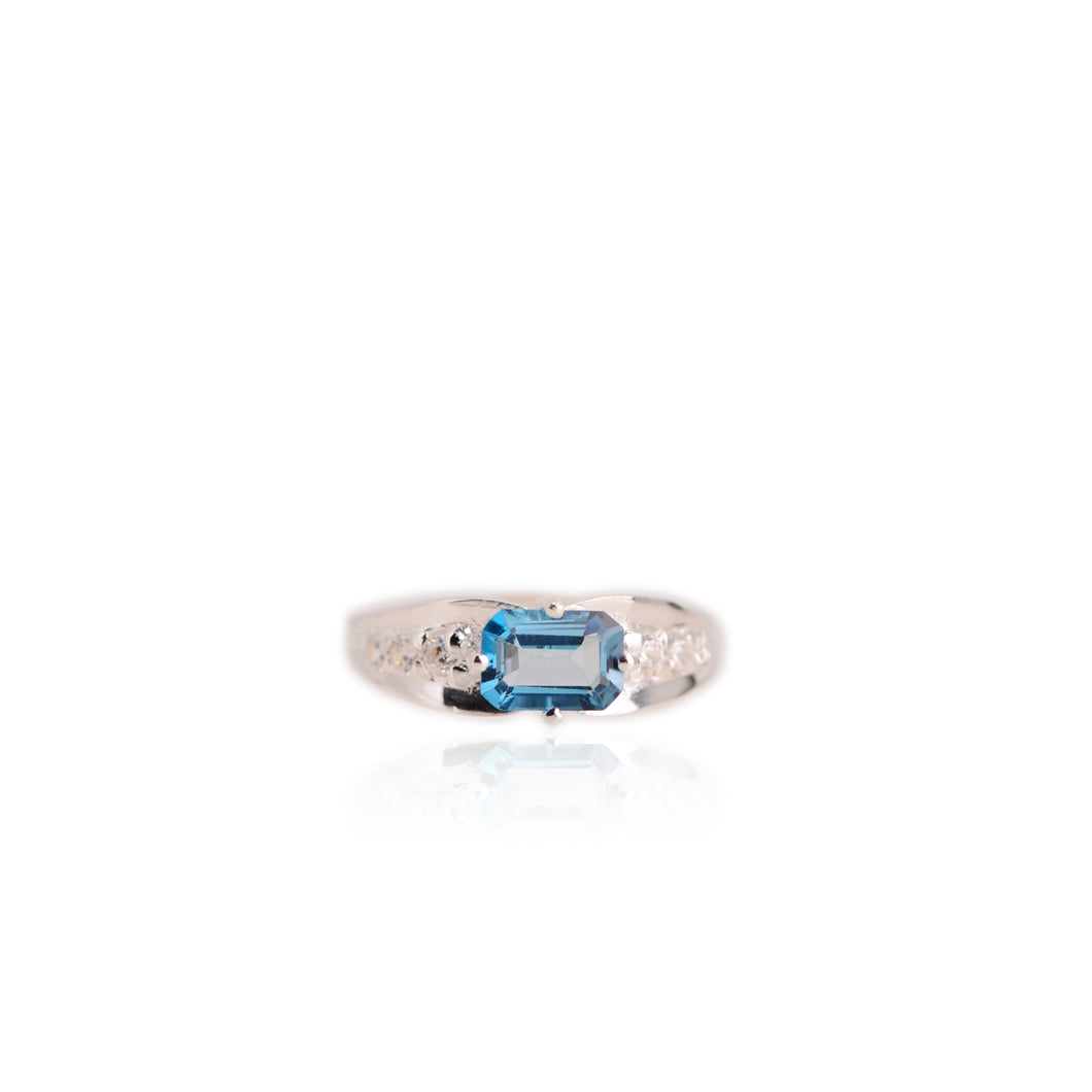 5 x 7 mm. Octagon Cut London Blue Brazilian Topaz with Cz Accents Ring