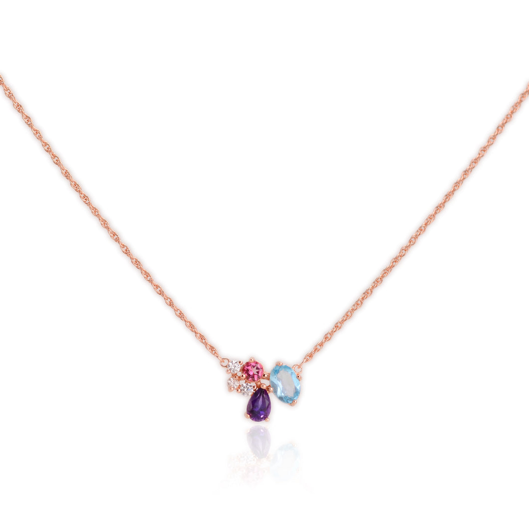 5 x 7 mm. Oval Cut Sky Blue Brazilian Topaz, Amethyst and Tourmaline with Cz Accents Necklace