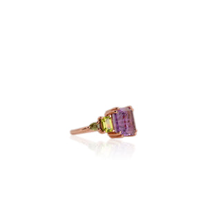 Handmade 11 mm. Carved Octagon Cut Purple Brazilian Amethyst, Peridot and Sapphire Cluster Ring