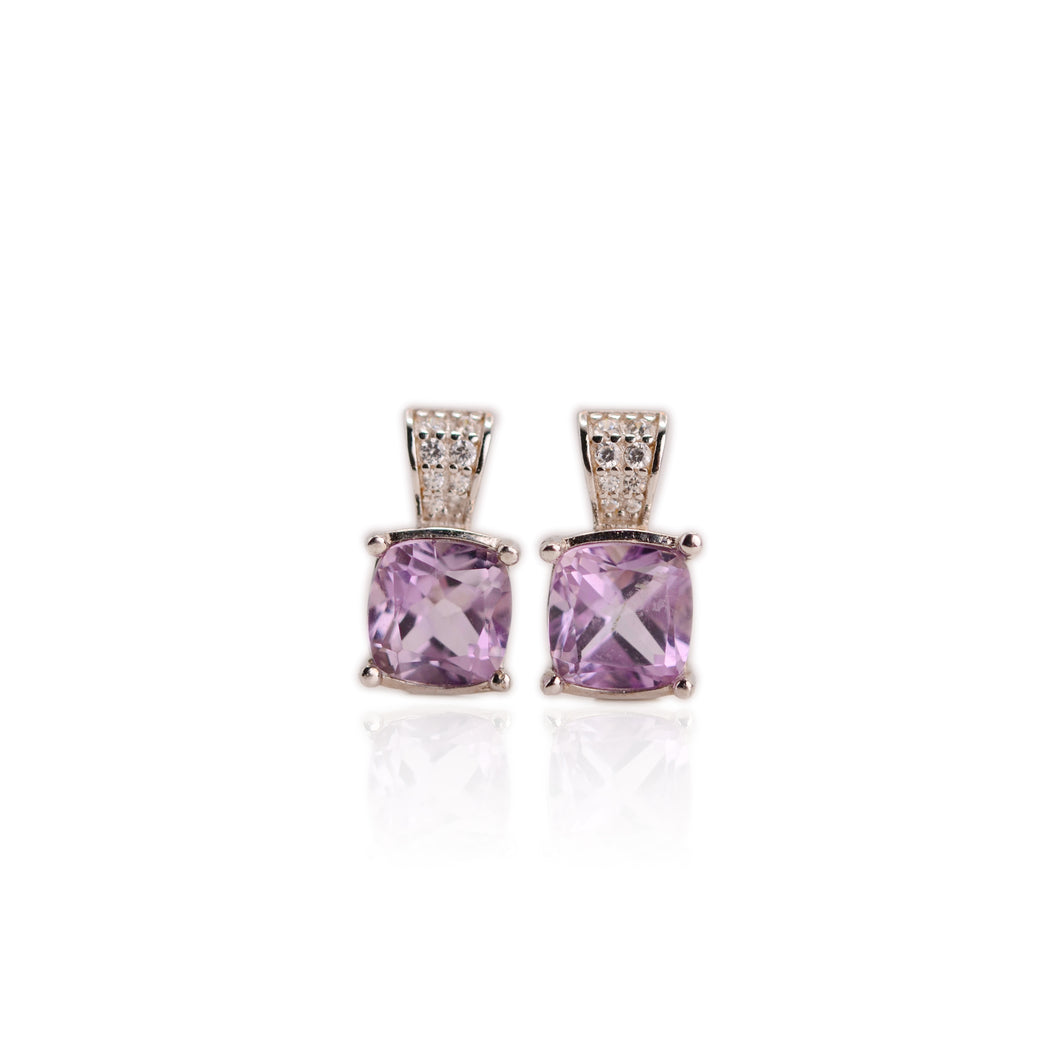 7 mm. Cushion Cut Purple Brazilian Amethyst with Cz Accents Earrings (Blemished)