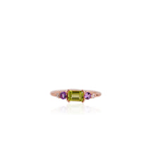 Load image into Gallery viewer, 4 x 6 mm. Octagon Cut Green Pakistani Peridot with Amethyst and Cz Accents Ring
