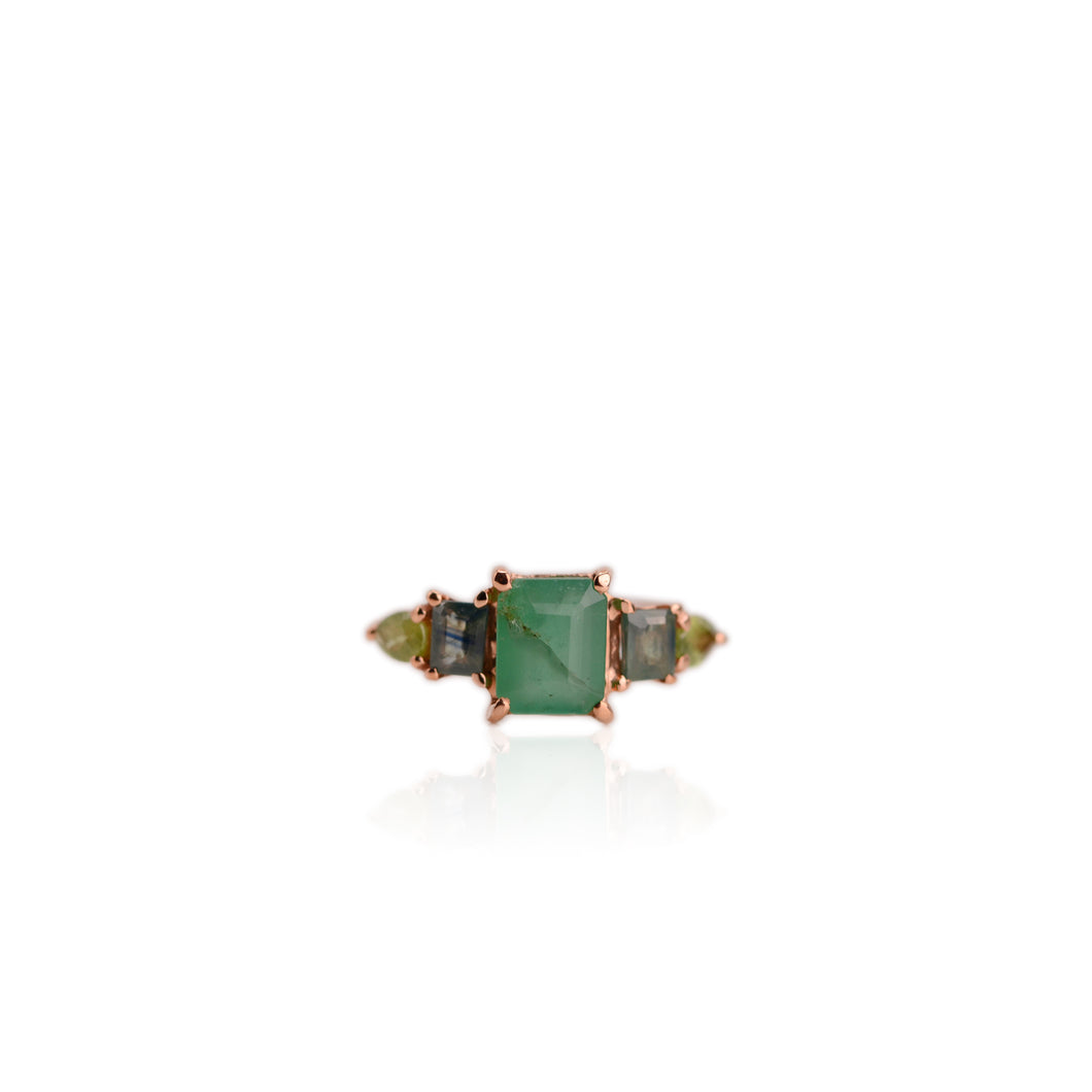 Handmade 6 x 8 mm. Octagon Cut Green Zambian Emerald and Sapphire Cluster Ring (Blemished)