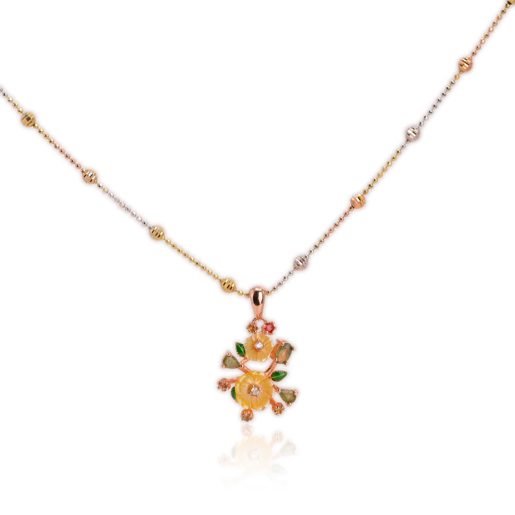 8 mm. Carved Flower Yellow Mother Of Pearl and Sapphire with Cz Accents Pendant and Necklace