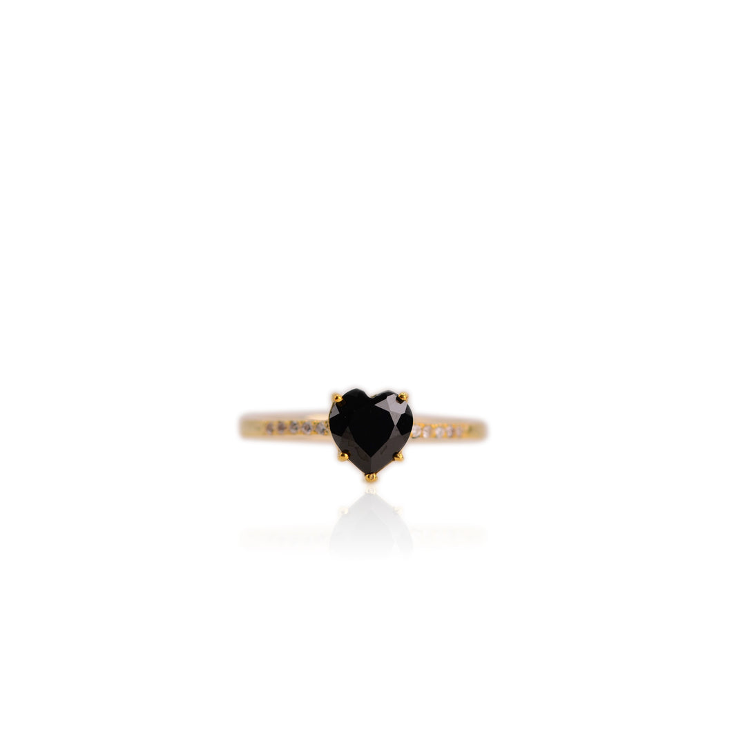 7 mm. Heart Cut Black Thai Spinel with Cz Accents Ring