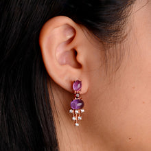 Load image into Gallery viewer, 7 x 9 mm. Oval Cabochon Purple Brazilian Amethyst, Rhodolite Garnet with Cz Accents Drop Earrings (Blemished)

