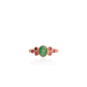 5 x 7 mm. Oval Cut Green Brazilian Emerald with Ruby Accents Ring (Blemished)