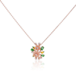 9.5 mm. Carved Flower Pink Mother of Pearl and Topaz with Cz Accents Pendant and Necklace (Blemished)