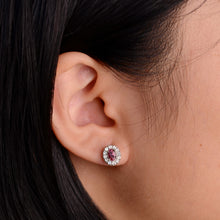 Load image into Gallery viewer, 3 x 5 mm. Oval Cut Pink and Purple Nigerian Tourmaline with Topaz Halo Earrings
