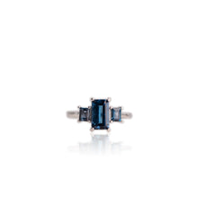 Load image into Gallery viewer, 5 x 8 mm. Octagon Cut London Blue Brazilian Topaz Trilogy Ring
