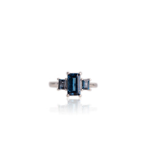 5 x 8 mm. Octagon Cut London Blue Brazilian Topaz Trilogy Ring