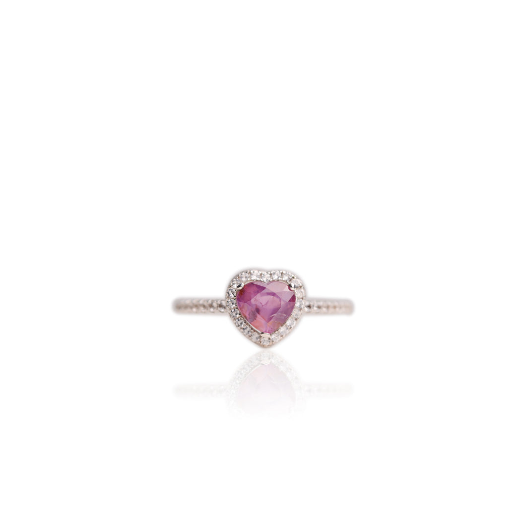 6 x 7 mm. Heart Cut Pink Purple Madagascan Sapphire with Cz Halo Ring