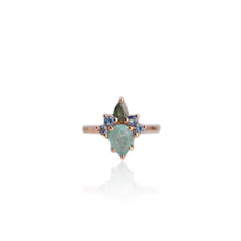 Load image into Gallery viewer, Handmade 6 x 8 mm. Pear Cut Green Zambian Emerald and Sapphire Cluster Ring
