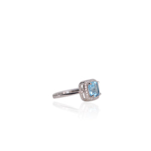 7 mm. Cushion Cut Swiss Blue Brazilian Topaz with Cz Halo Ring