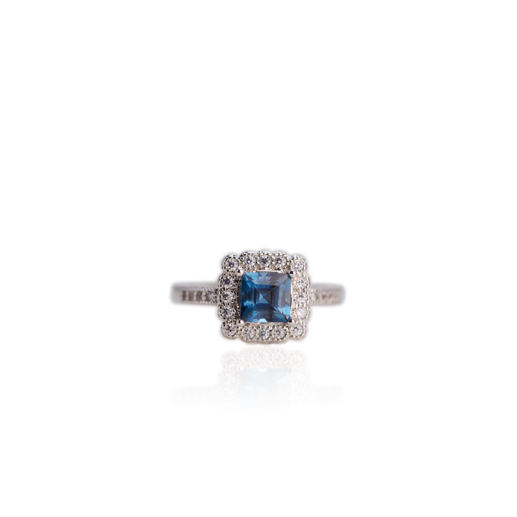 6 mm. Square Cut London Blue Brazilian Topaz with Cz Halo Ring