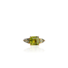 Load image into Gallery viewer, Handmade 8 mm. Octagon Cut Green Pakistani Peridot and Sapphire Trilogy Ring
