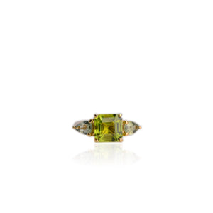 Handmade 8 mm. Octagon Cut Green Pakistani Peridot and Sapphire Trilogy Ring