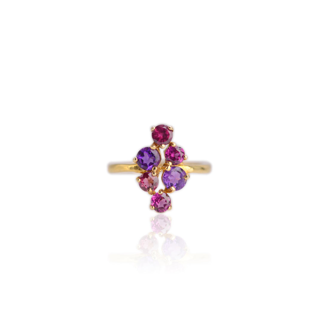 4.5 mm. Round Cut Purple Brazilian Amethyst and Rhodolite Garnet Cluster Ring