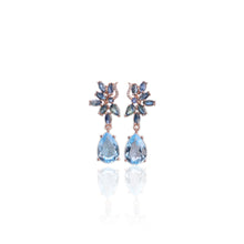 Load image into Gallery viewer, 10 x 14 mm. Pear Cut Sky Blue Brazilian Topaz and Sapphire with Cz Accents Drop Earrings (Blemished)
