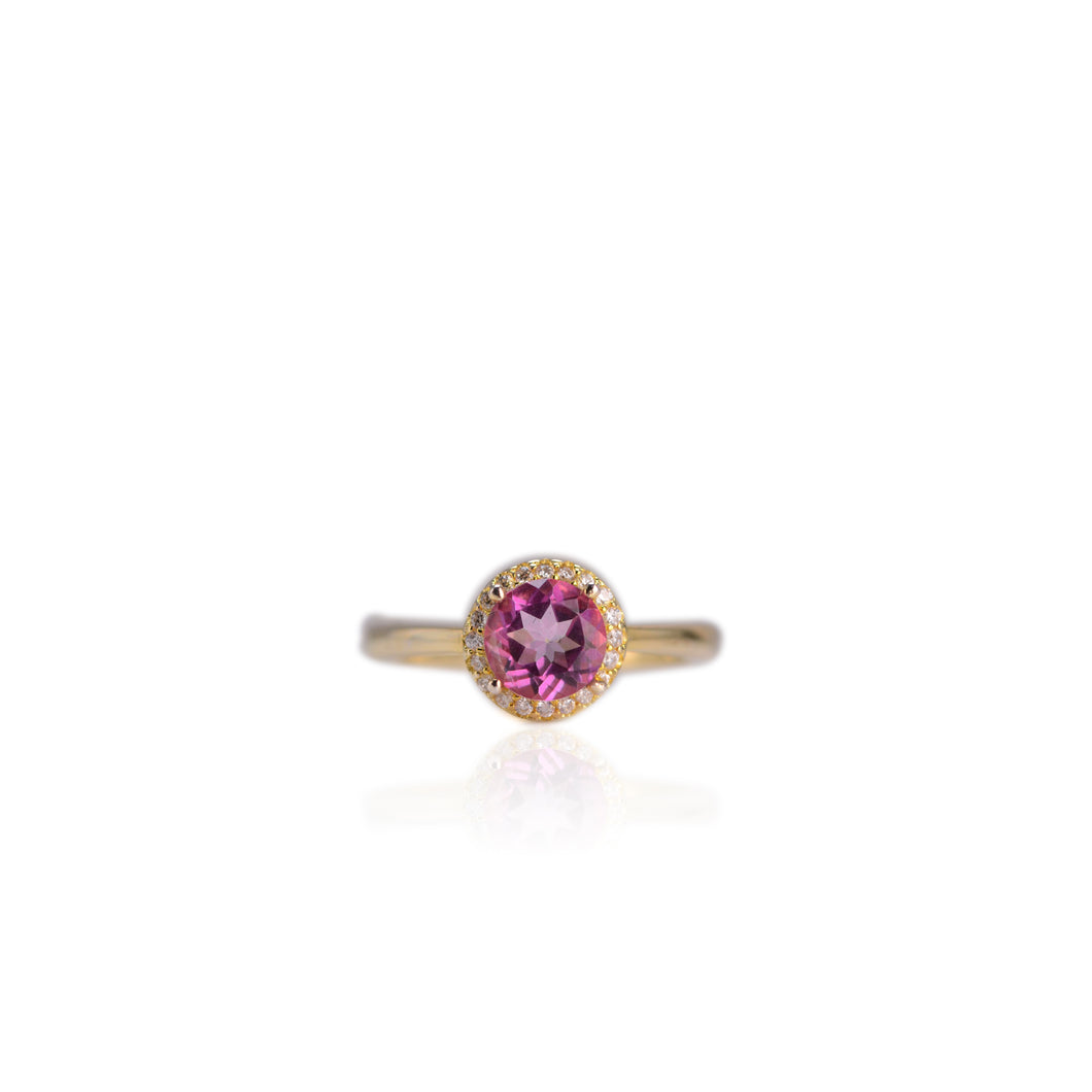 7 mm. Round Cut Pink Brazilian Mystic Topaz with Cz Halo Ring