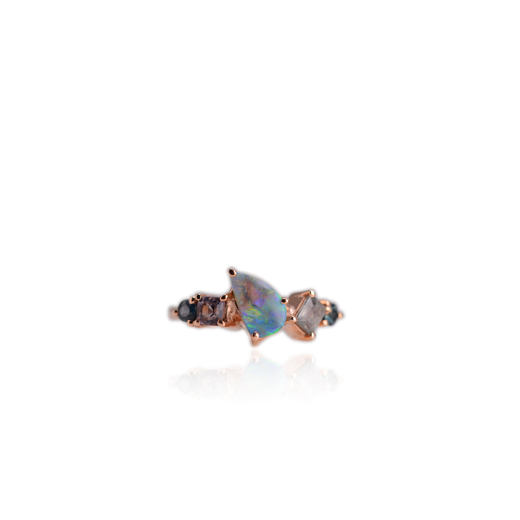 Handmade 6 x 9 mm. Freeform Black Lightning Ridge Australian Opal, Spinel and Sapphire Cluster Ring