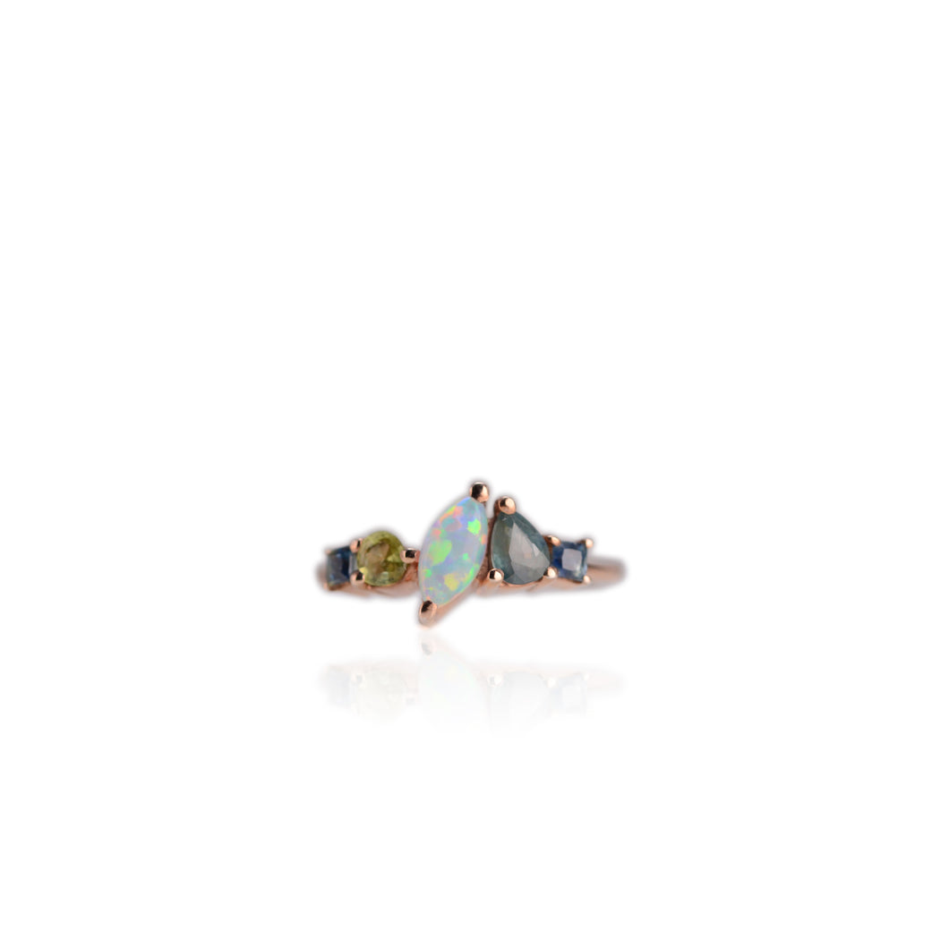 Handmade 4 x 8 mm. Marquise Cabochon Multi-coloured Ethiopian Opal and Sapphire Cluster Ring