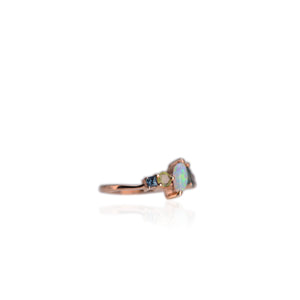 Handmade 4 x 8 mm. Marquise Cabochon Multi-coloured Ethiopian Opal and Sapphire Cluster Ring