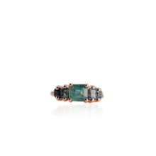 Load image into Gallery viewer, Handmade 6 x 6.5 mm. Octagon Cut Green Brazilian Emerald and Sapphire Cluster Ring
