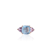 Load image into Gallery viewer, Handmade 11 mm. Cushion Cut Blue Brazilian Aquamarine and Amethyst Trilogy Ring
