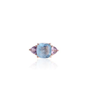 Handmade 11 mm. Cushion Cut Blue Brazilian Aquamarine and Amethyst Trilogy Ring