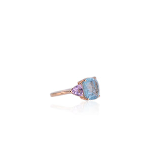 Handmade 11 mm. Cushion Cut Blue Brazilian Aquamarine and Amethyst Trilogy Ring