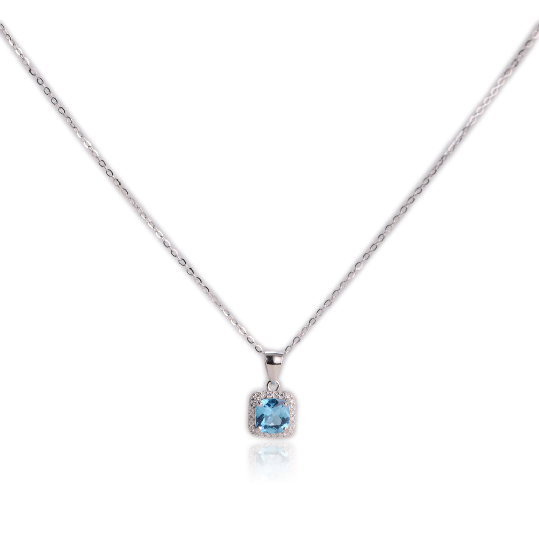 7 mm. Cushion Cut Swiss Blue Brazilian Topaz with Cz Halo Pendant and Necklace