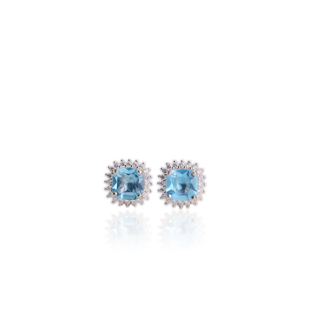 7 mm. Cushion Cut Sky Blue Brazilian Topaz with Cz Accents Earrings