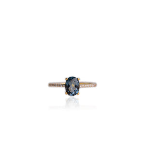 6 x 8 mm. Oval Cut London Blue Brazilian Topaz with Cz Band Ring