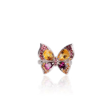 Load image into Gallery viewer, 6 x 9 mm. Pear Cut Yellow Brazilian Citrine and Rhodolite Garnet with Sapphire Accents Butterfly Ring
