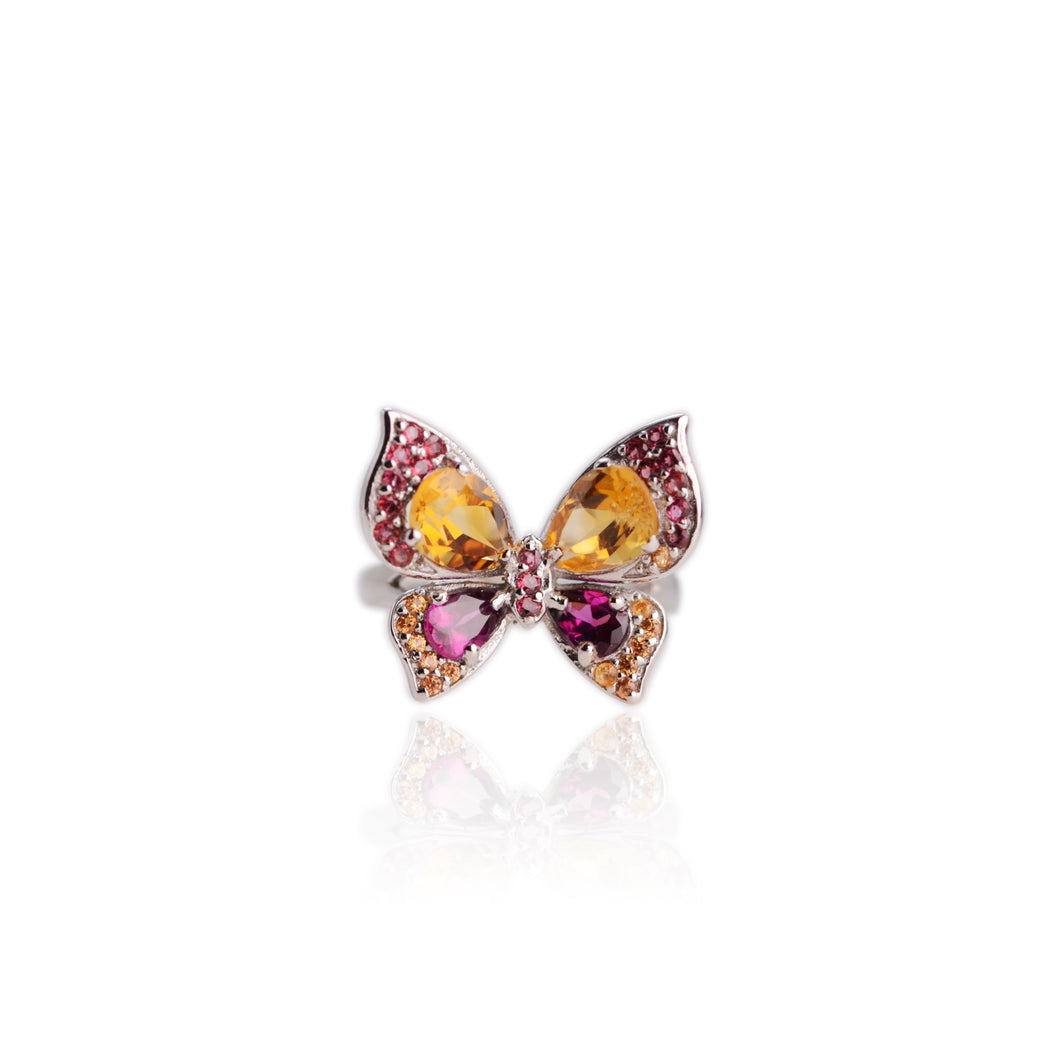 6 x 9 mm. Pear Cut Yellow Brazilian Citrine and Rhodolite Garnet with Sapphire Accents Butterfly Ring