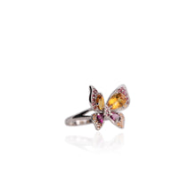 Load image into Gallery viewer, 6 x 9 mm. Pear Cut Yellow Brazilian Citrine and Rhodolite Garnet with Sapphire Accents Butterfly Ring
