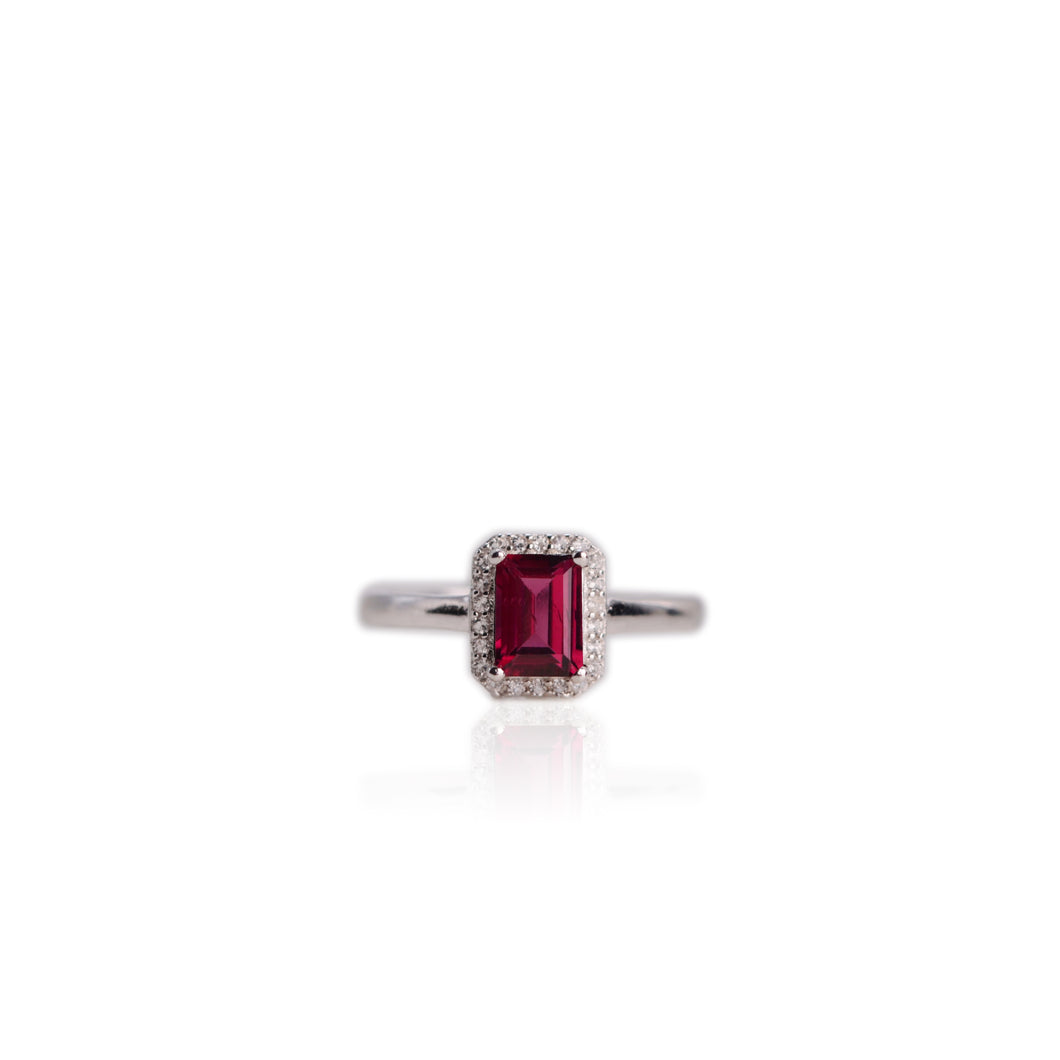 5 x 7 mm. Octagon Cut Purple African Rhodolite Garnet with Cz Halo Ring