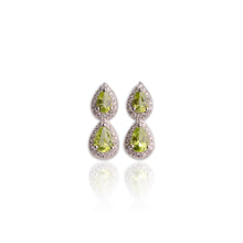 Load image into Gallery viewer, 5 x 7 mm. Pear Cut Green Pakistani Peridot with Cz Halo Earrings
