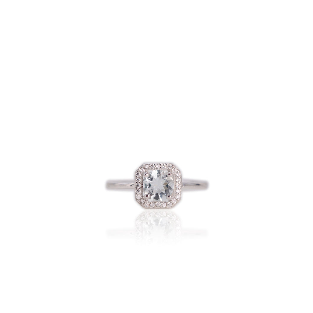6 mm. Round Cut Light Blue Brazilian Aquamarine with Cz Accents Ring