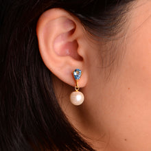 Load image into Gallery viewer, 9 mm. Freshwater Pearl and Topaz Drop Earrings
