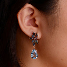 Load image into Gallery viewer, 10 x 14 mm. Pear Cut Sky Blue Brazilian Topaz and Sapphire with Cz Accents Drop Earrings (Blemished)
