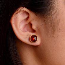 Load image into Gallery viewer, 8 mm. Cushion Cabochon Orange African Hessonite Garnet Earrings
