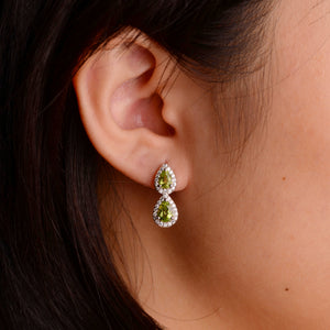 5 x 7 mm. Pear Cut Green Pakistani Peridot with Cz Halo Earrings