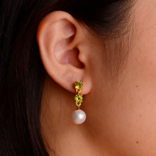 Load image into Gallery viewer, 9 mm. Freshwater Pearl and Peridot Drop Earrings
