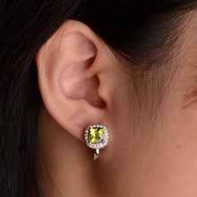 Load image into Gallery viewer, 7 mm. Cushion Cut Green Pakistani Peridot with Cz Halo Earrings
