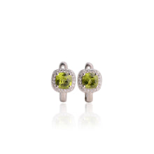 Load image into Gallery viewer, 7 mm. Cushion Cut Green Pakistani Peridot with Cz Halo Earrings
