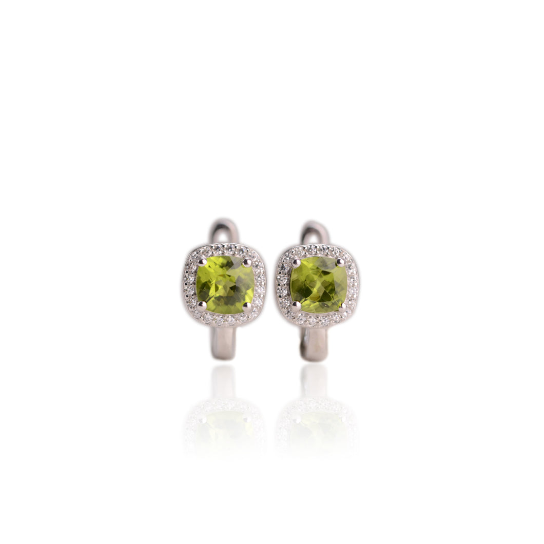 7 mm. Cushion Cut Green Pakistani Peridot with Cz Halo Earrings