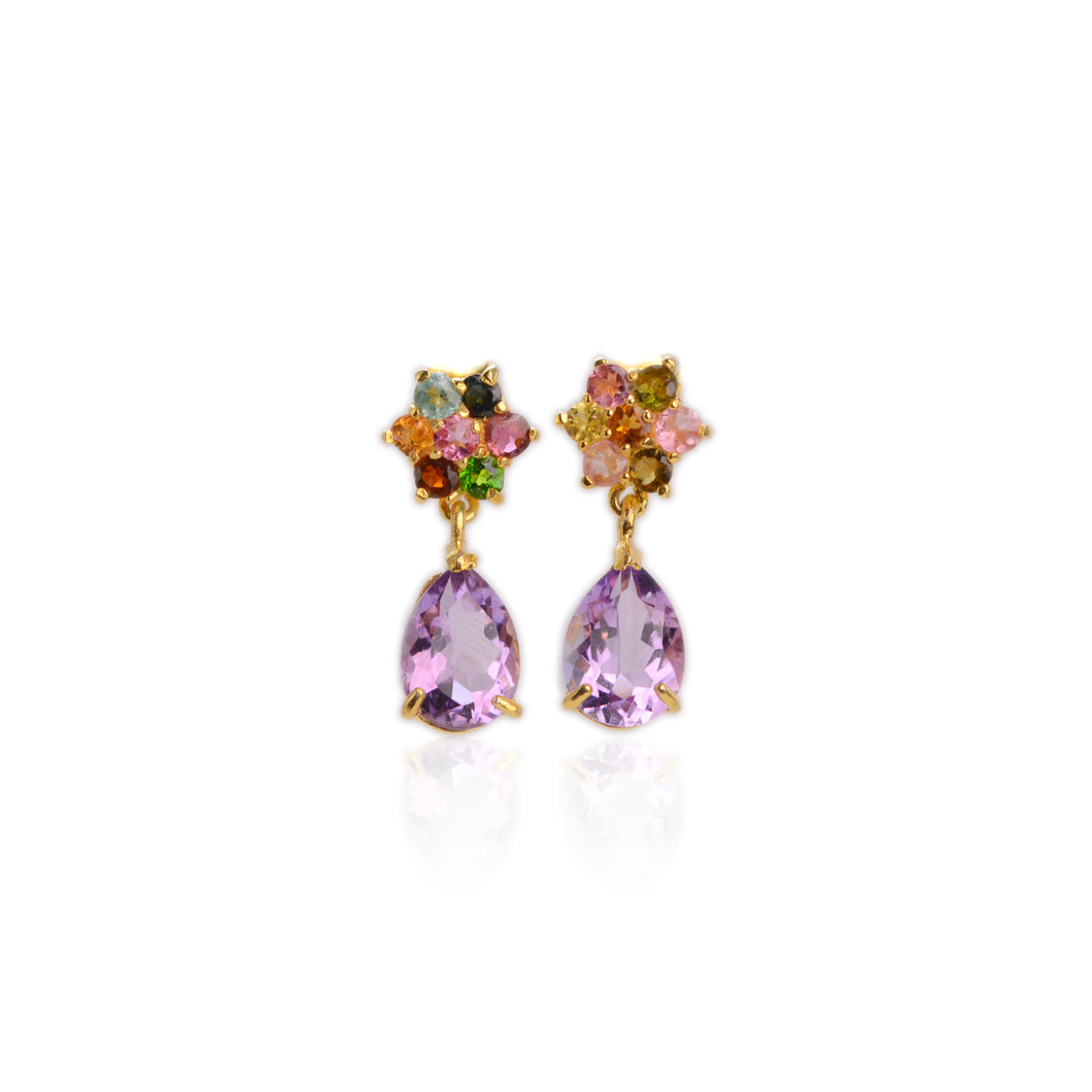 8 x 11 mm. Pear Cut Purple Uruguayan Amethyst and Tourmaline Drop Earrings (Blemished)