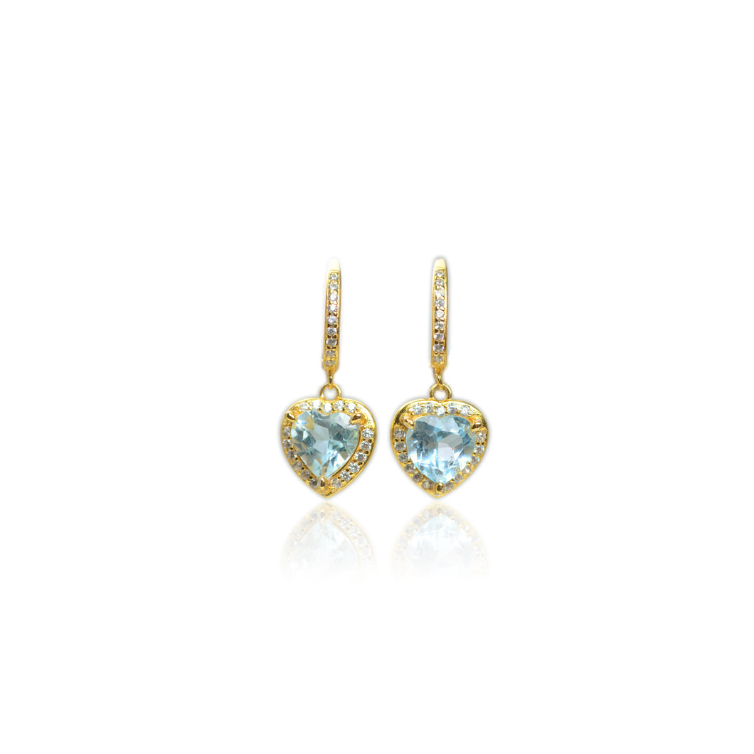 8 mm. Heart Cut Sky Blue Brazilian Topaz with Cz Halo Drop Earrings